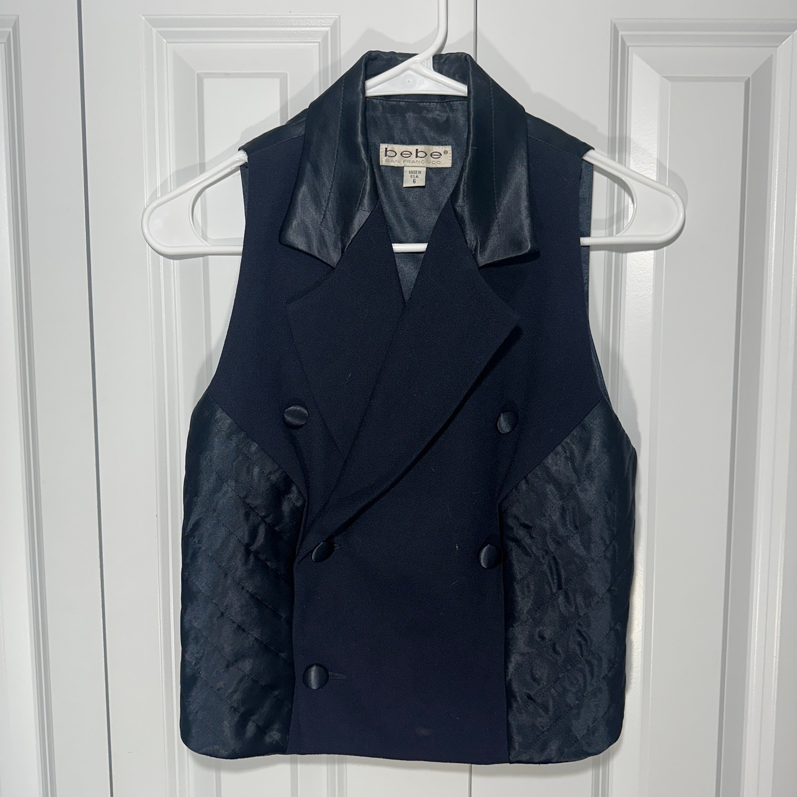 Bebe Vest Womens 6 Blue Wool Double Breasted Quilted Trim Vintage Made In Usa